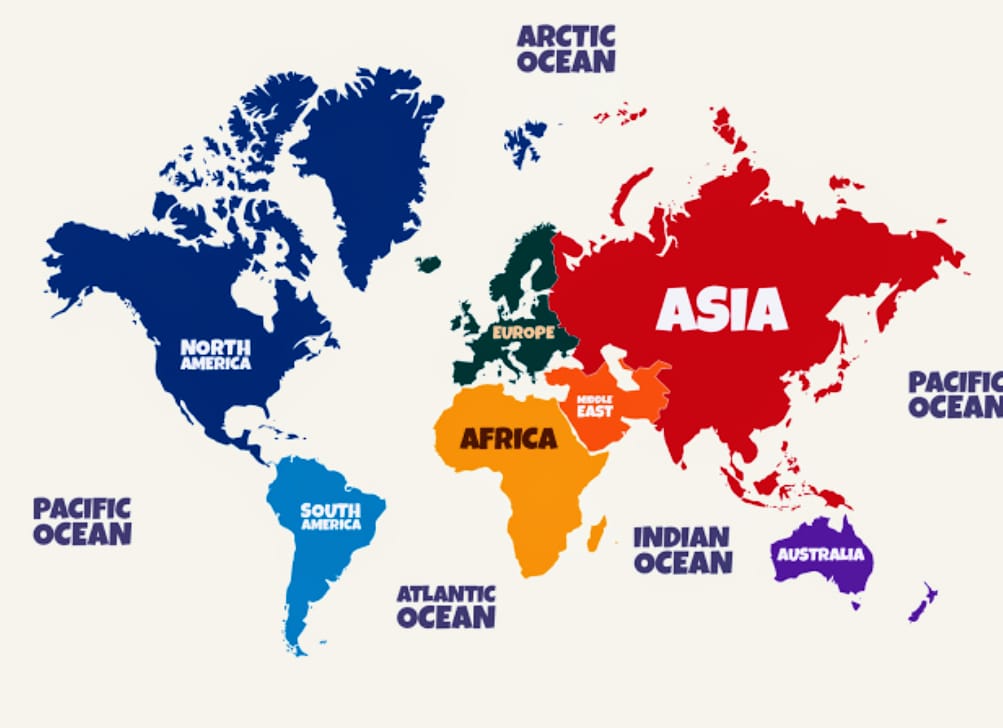 Mapa de continentes e oceanos